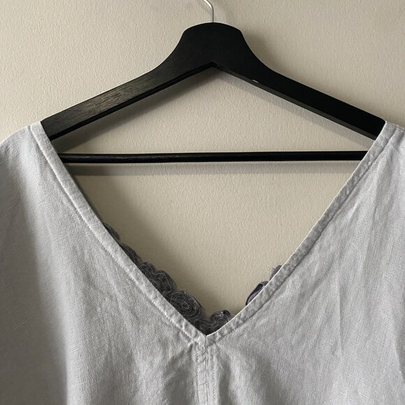 Handmade Plus Size 100% Linen Blue Grey Patch Pocket Floral Appliqué Dress - Picture 11 of 16